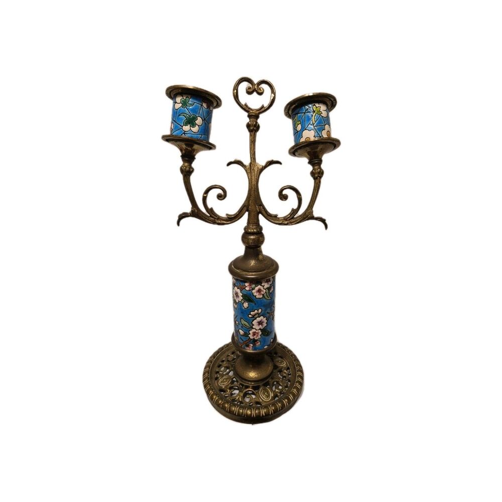 VTG Candlestick Holder Brass Floral Blue Heavy 70's